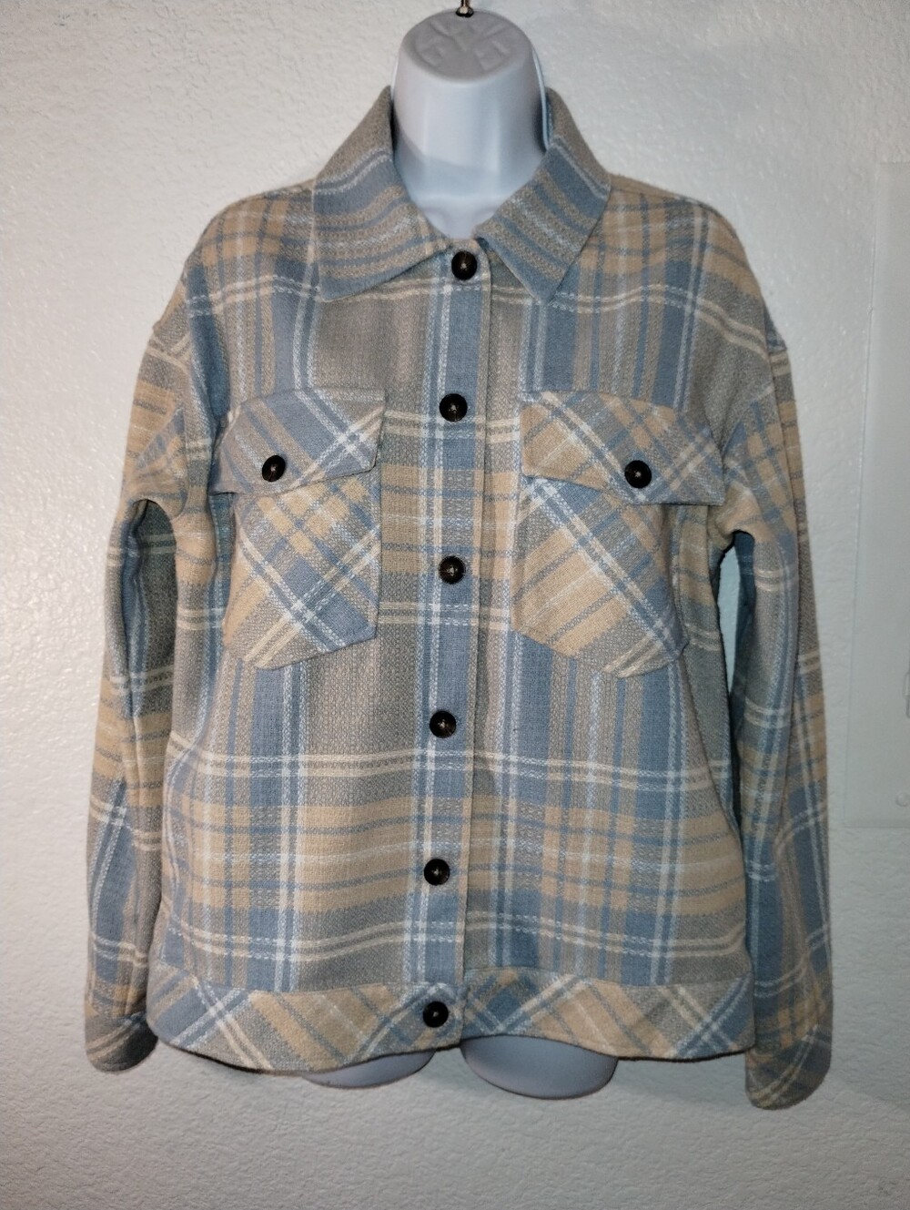 Boston Traders Plaid Button-Front Shacket in Blue and Beige - Women